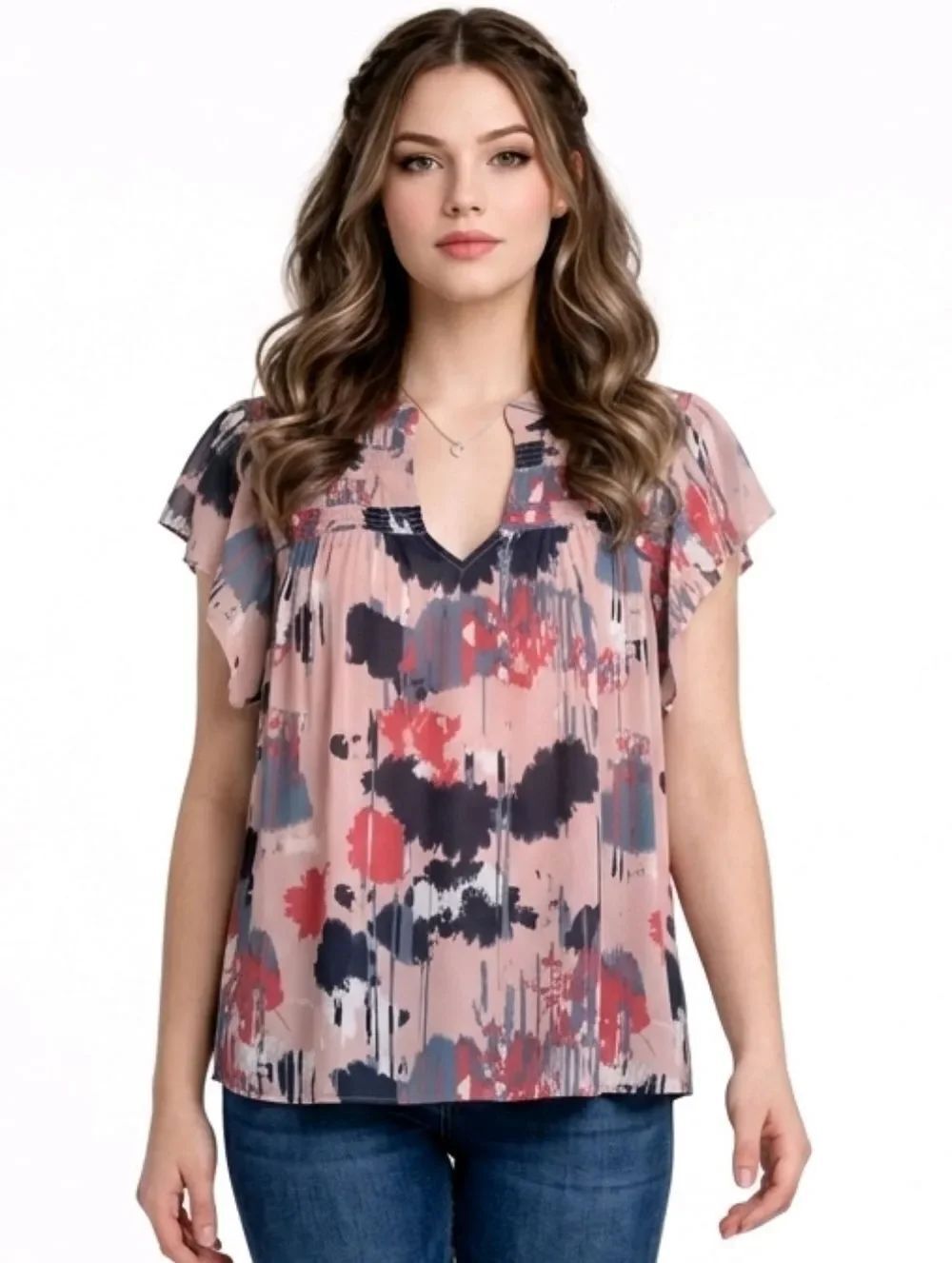 Entro Pink Abstract Print Flutter Sleeve V-notch Neckline Blouse Size L